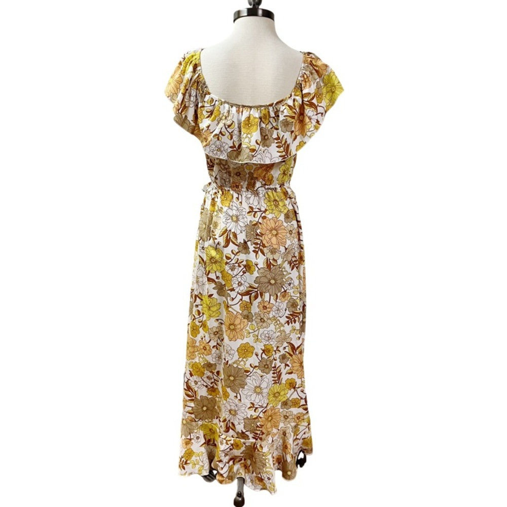 HINT OF BLUSH Tiered Floral Faux Wrap Maxi Dress SMALL Yellow Ruffle Romantic - Picture 5 of 11